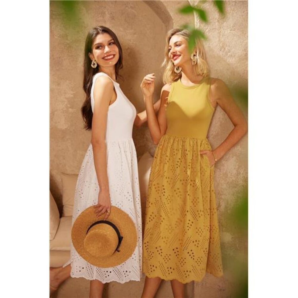 Women's Summer Sleeveless Tank Midi Dress Cotton Crewneck Dress with Pockets - Picture 2 of 6